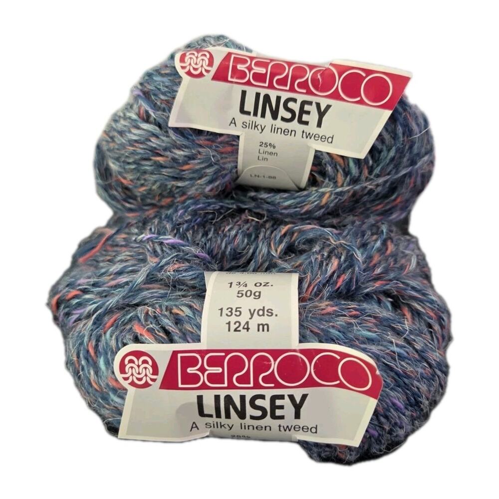 Vtg Berroco Linsey Yarn Lot 2 Silky Linen Tweed 50g 135yds Multicolor Blue Pink